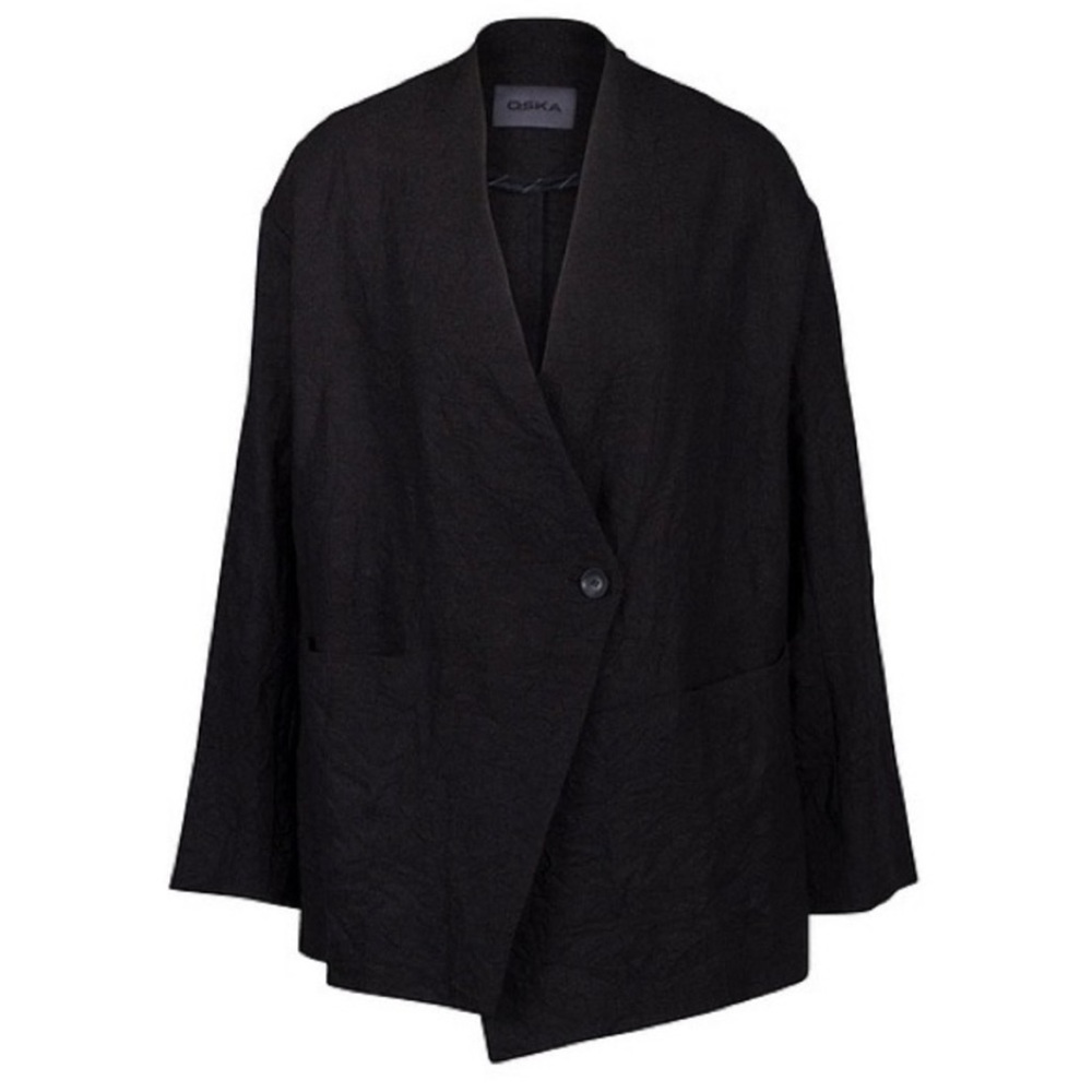 OSKA Renja Jacket Black Asymmetrical Blazer
Draped Single Button VNeck w pockets